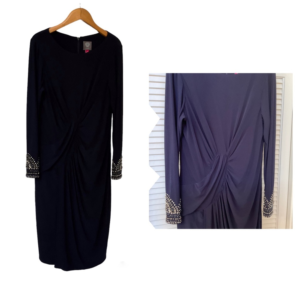VINCE CAMUTO LONG SLEEVE RHINESTONE EMBELLISHED RUCHED DRESS , Size 16